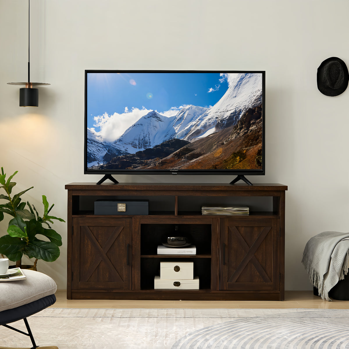 Farmhouse Barn door TV Media Stand Modern Entertainment Console for TV Up to 65' with Open and Closed Storage Space,Espresso L57.87*W15.75*H30.31