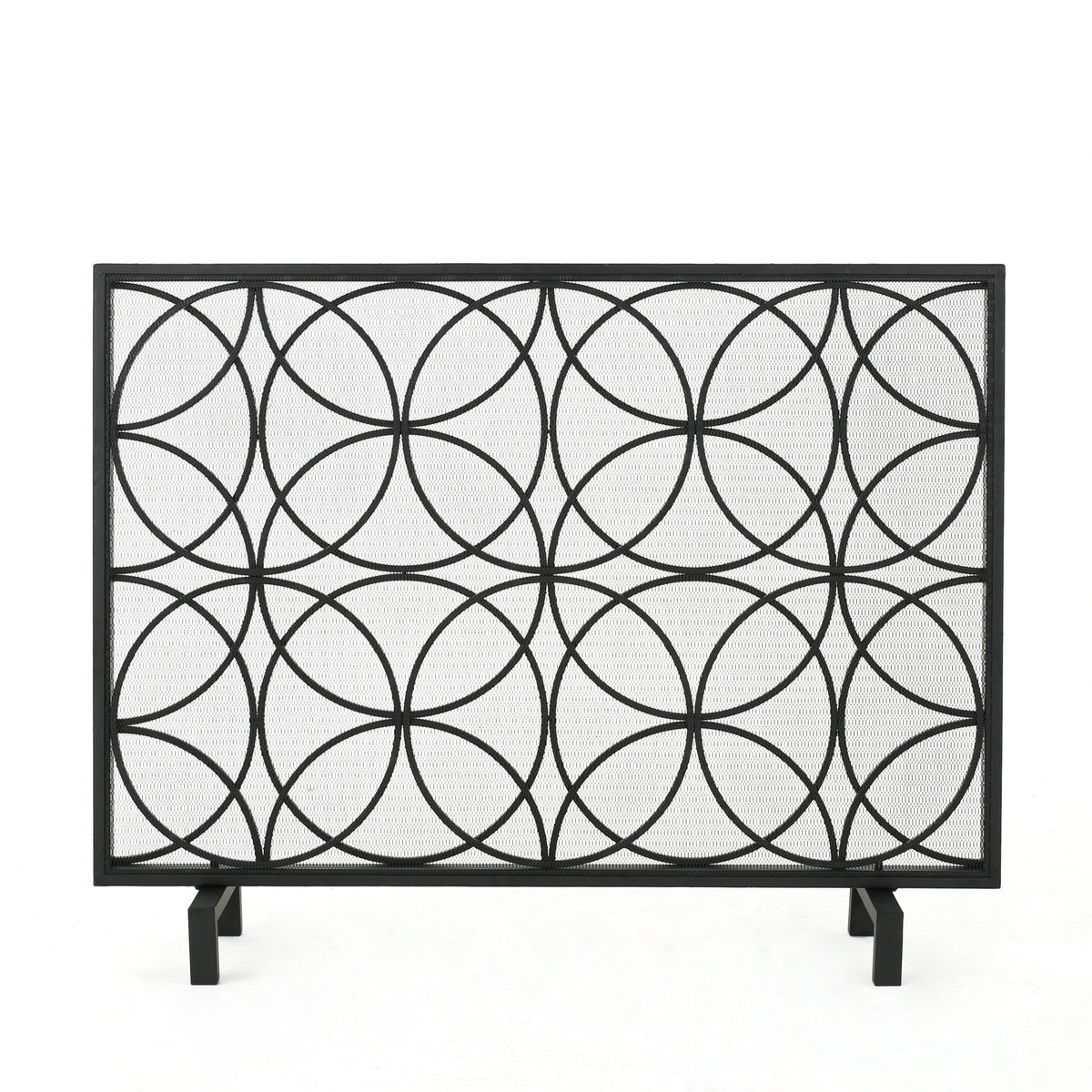 Thayer Single Panel Iron Fireplace Screen with Geometric Pattern in Black