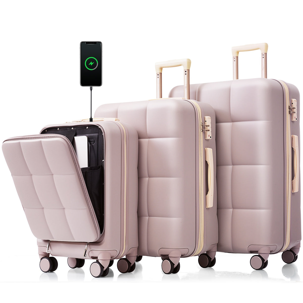 Luggage Sets 3 Piece, 20-inch with USB Port and front opening design,  ABS Hard Shell Luggage with Spinner Wheels, Cup Holder, RosyBrown