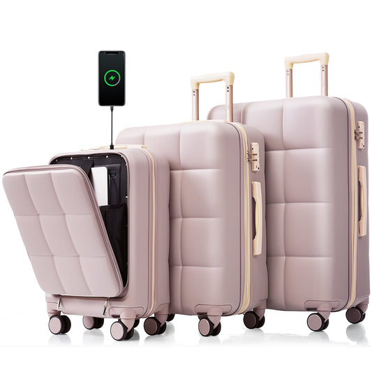 Luggage Sets 3 Piece, 20-inch with USB Port and front opening design,  ABS Hard Shell Luggage with Spinner Wheels, Cup Holder, RosyBrown