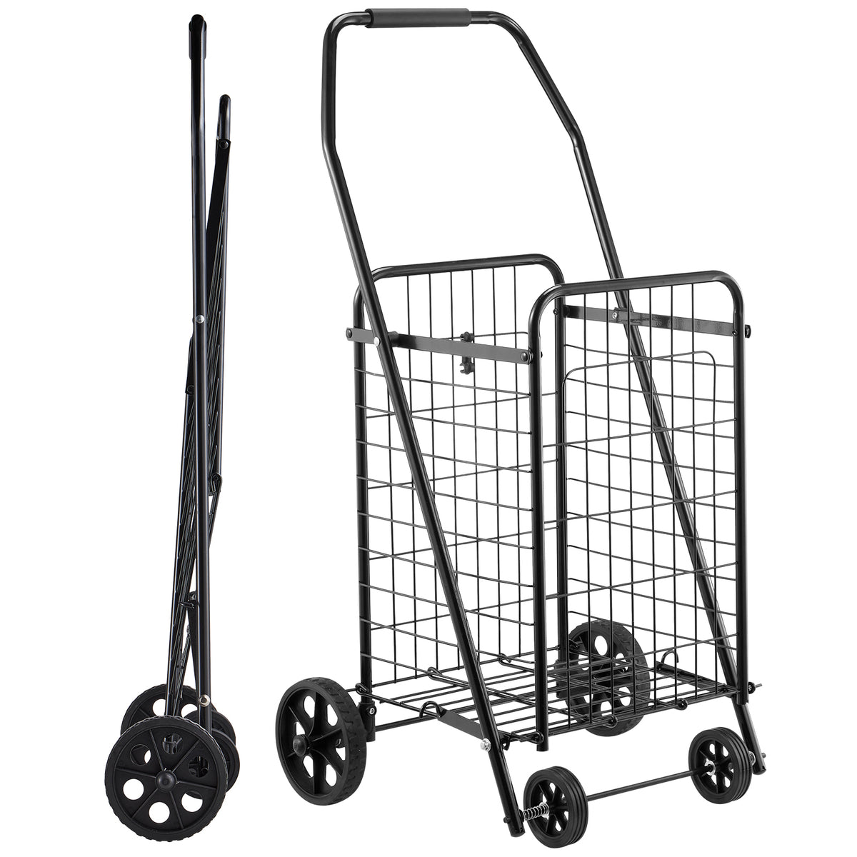 Shopping Cart, Folding Grocery Utility Cart with Swivel Wheels, 90 LBS Large Load Capacity, Heavy Duty Rolling Laundry Basket Butler for Laundry, Shopping, Camping, Grocery, Luggage, Black