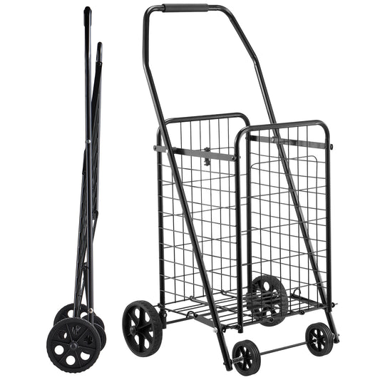 Shopping Cart, Folding Grocery Utility Cart with Swivel Wheels, 90 LBS Large Load Capacity, Heavy Duty Rolling Laundry Basket Butler for Laundry, Shopping, Camping, Grocery, Luggage, Black