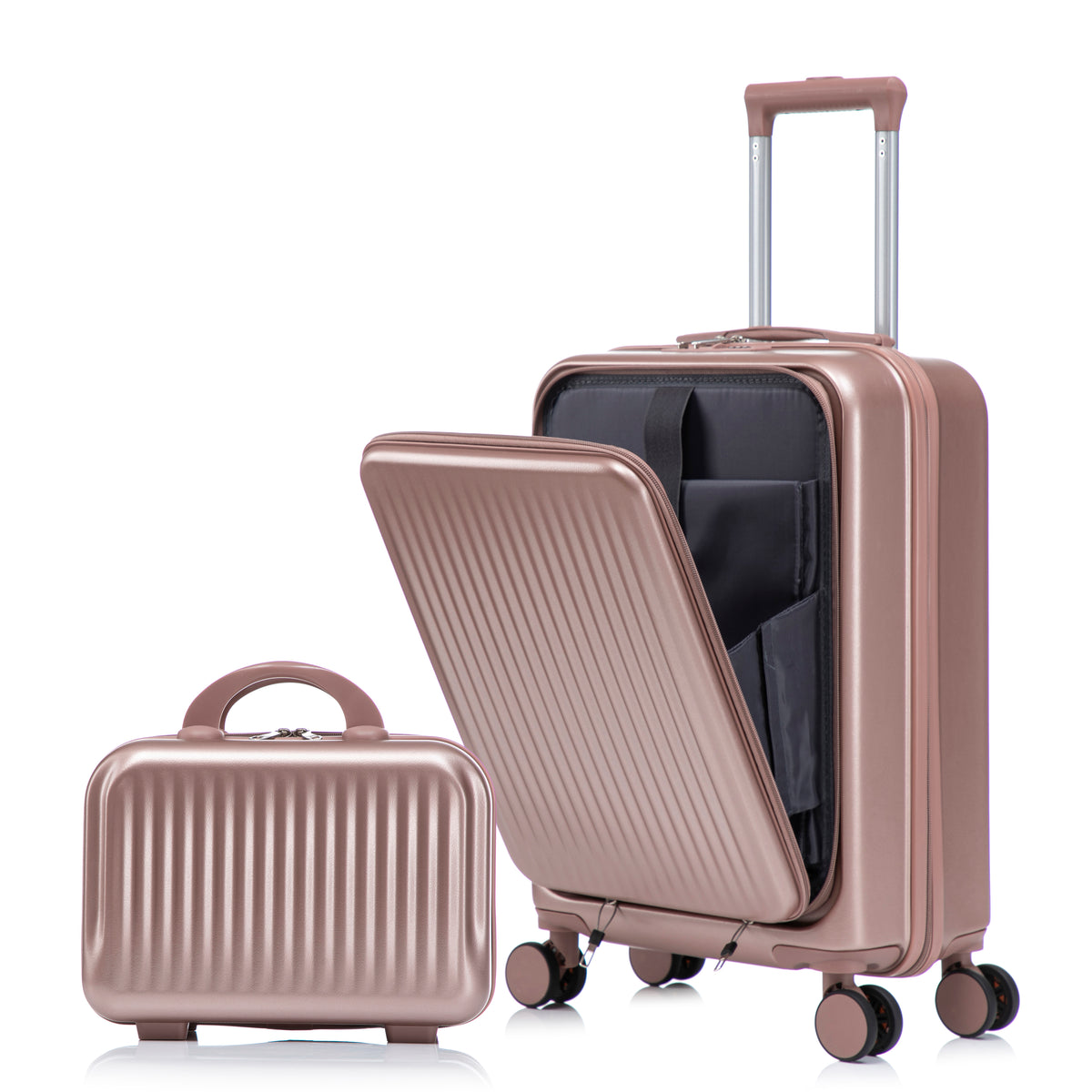 Champagne ABS Spinner Luggage Set with Combination Lock and 14' Cosmetic Case, 20' & 14' Dimensions