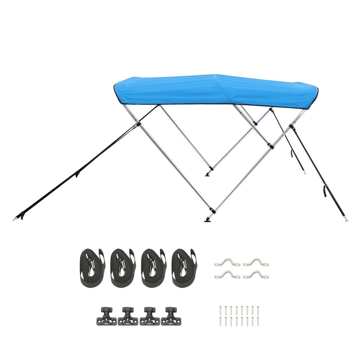 3 Bow Boat Bimini Tops, 600D Polyester Canopy with Aluminum Alloy Frame, Waterproof & Sun Shade Boat Awning Canopy with Storage Bag, 2 Support Poles, 4 Straps, 6'Lx(67'-72')Wx46'H, Pacific Blue