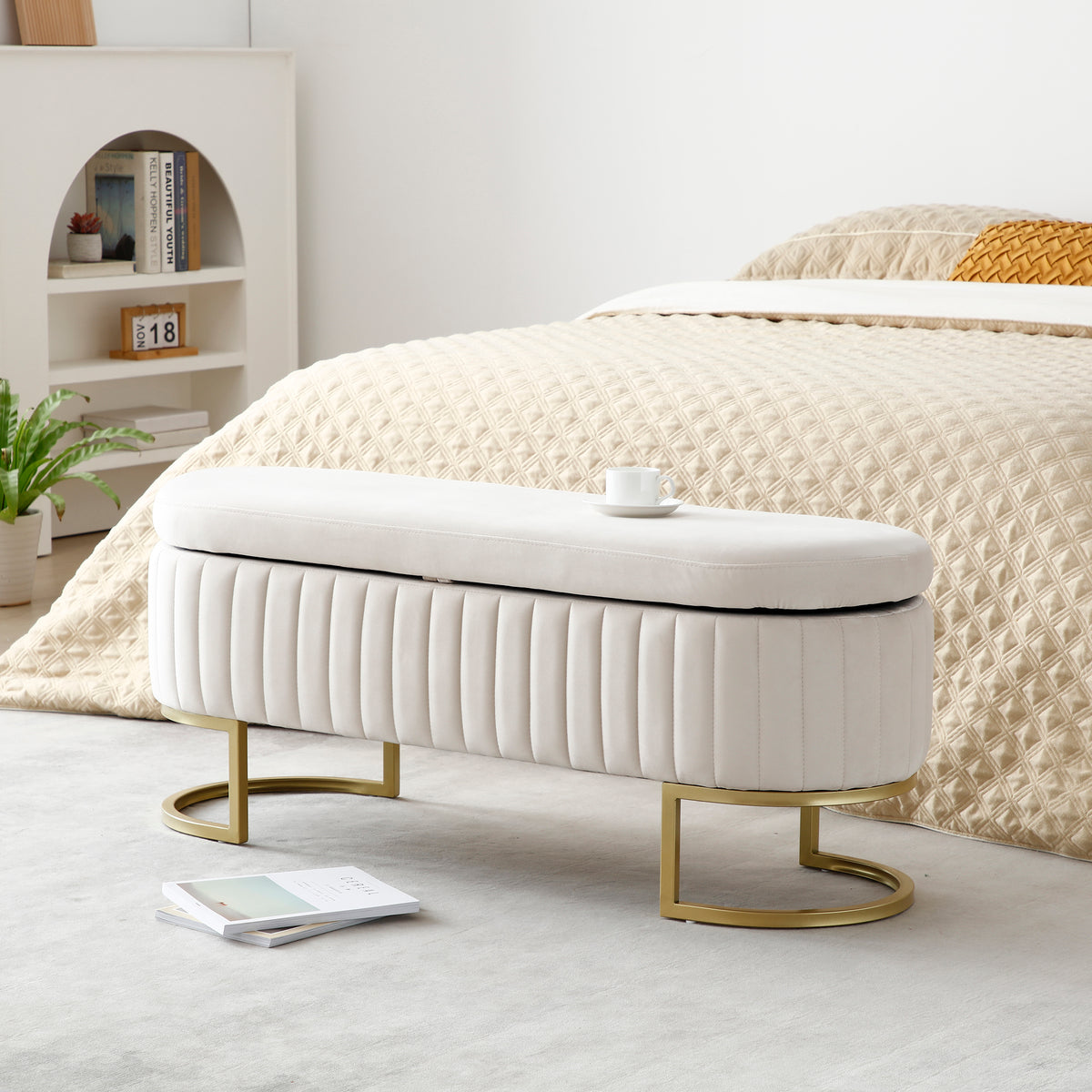 Storage Bench Bedroom Bench, Velvet Oval Upholstered End of Bed Bench with Golden Metal Legs,50'Modern Storage Ottoman Bench for Bedroom, Living Room,Entryway,Window, Beige