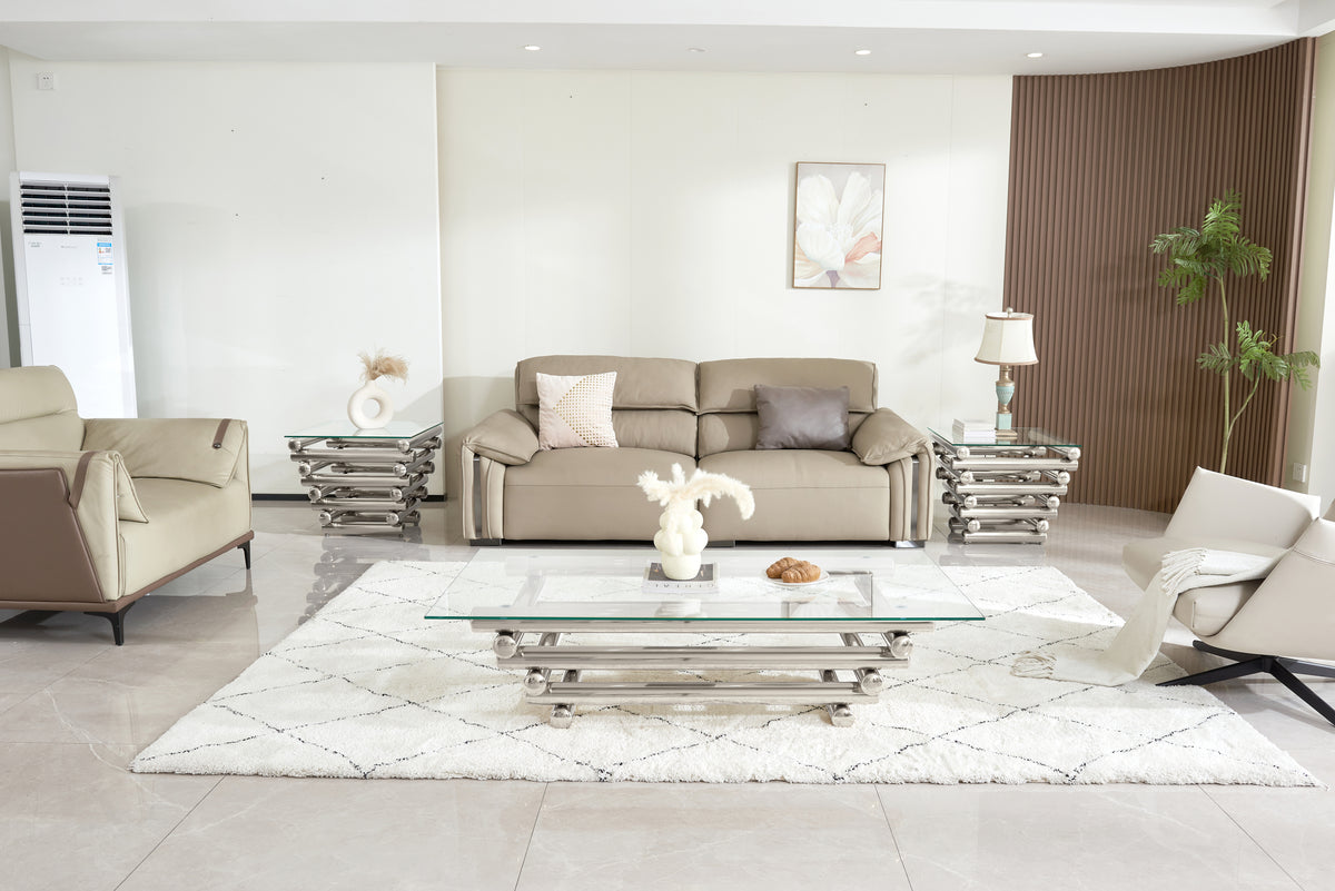 Modern Stainless Steel Coffee Table Set (Set of 3), Clear Tempered Glass Table Top, Coffee Table & End Side Table 3-Pieces Sets for Living Room, Silver