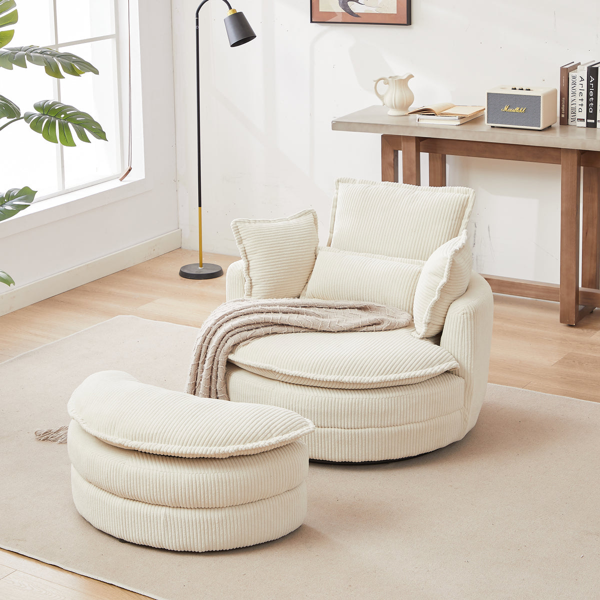 38'W Oversized Swivel Chair with moon storage ottoman for Living Room, Modern Accent Round Loveseat Circle Swivel Barrel Chairs for Bedroom Cuddle Sofa Chair Lounger Armchair, 4 Pillows,CORDUROY