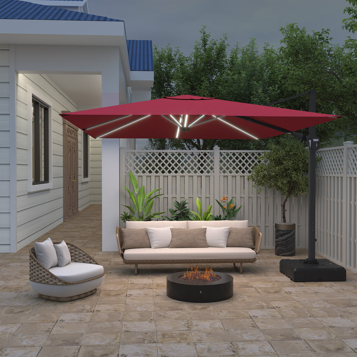 11FT Square Cantilever Patio Umbrella with LED Light in Red (without Umbrella Base)