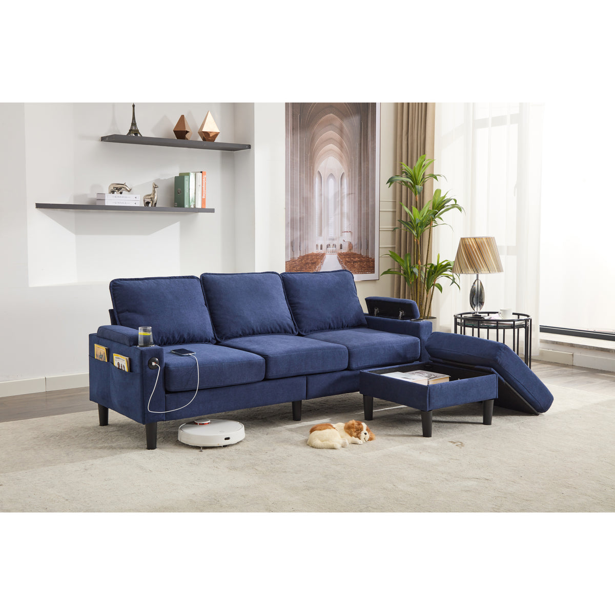 blue color knock down 3-seat combo sofa with storage ottoman  for living room apartment  bedroom and compact room,room, Upholstered sectional Couch, L Shaped  Bench with a footrest, a individual stool