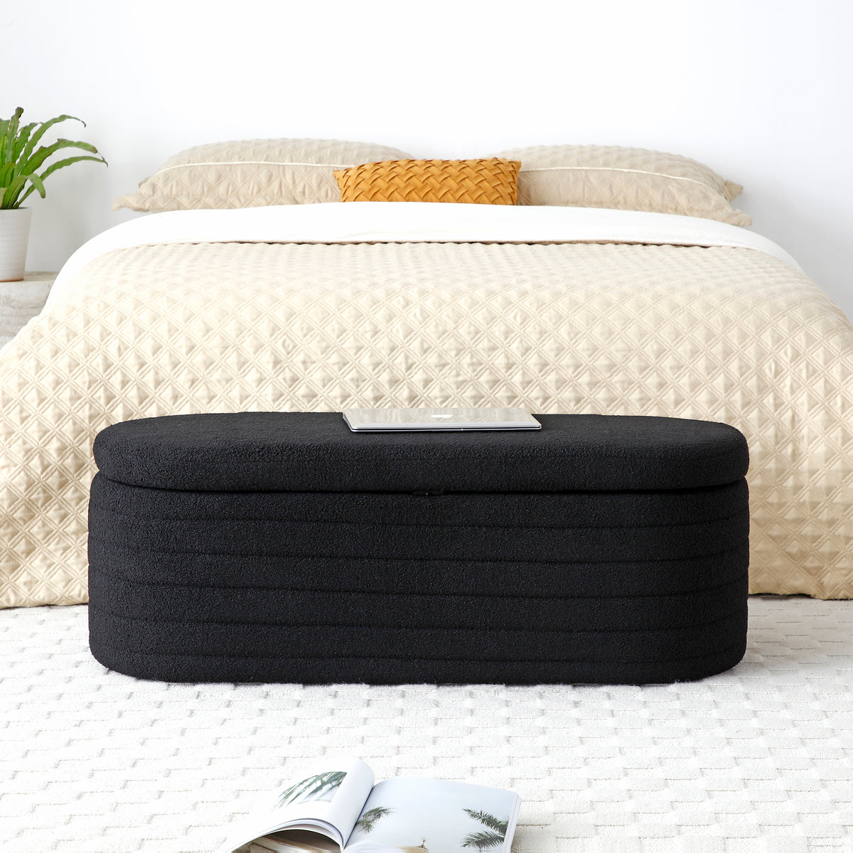 Modern End of Bed Bench with Storage Upholstered Sherpa Fabric Large Storage Bench Ottoman Shoe Stool Long Bench Window Sitting Toy Storage Bench for Bedroom,Living Room,Entryway,Black