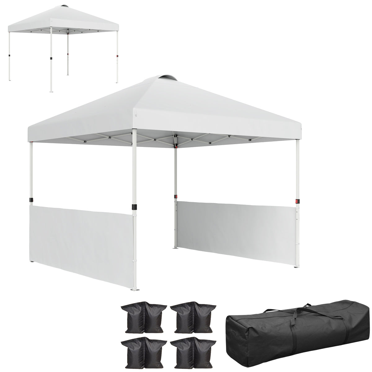 Outsunny 10' x 10' Pop Up Canopy Tent with 2 Half Sidewalls, UV50+ Height Adjustable Instant Sun Shelter with Wheeled Carry Bag, White