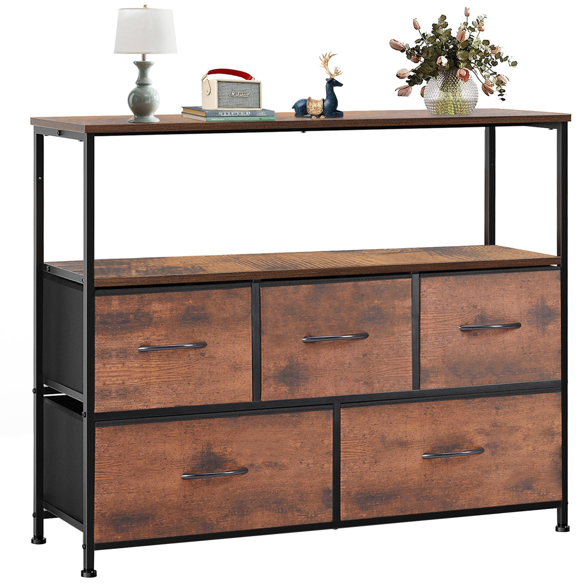 TV Stand Dresser for Bedroom Entertainment Center with 5 Fabric Drawers, Storage Organizers Units for Living Room, Media Console Table with Open Shelf up for 45' TV, Rust, Wood top