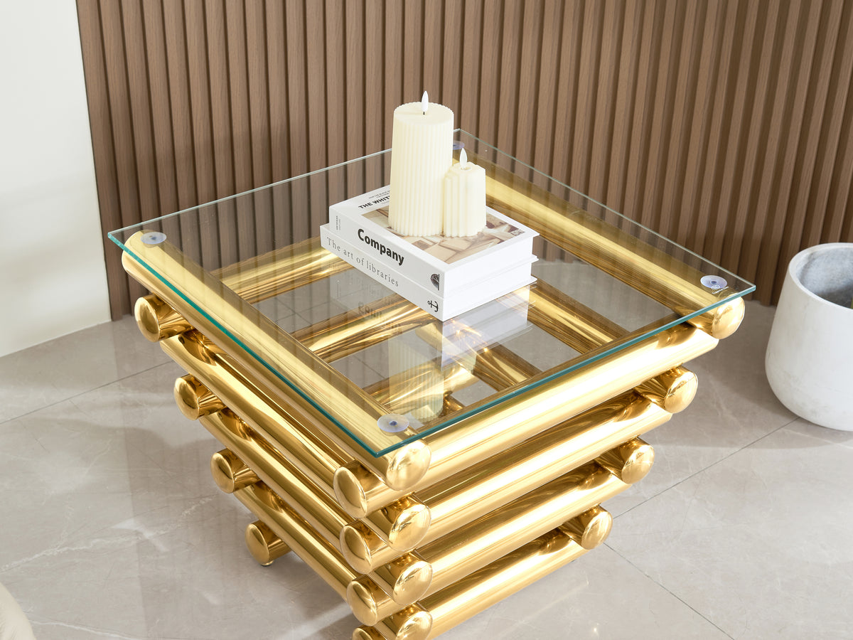 24' Square Modern Stainless Steel End Table, Clear Tempered Glass End Side Table, Living Room Coffee Table, with modern style, Gold