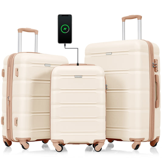 Luggage Set of 3, 20-inch with USB Port, Airline Certified Carry-on Luggage with Cup Holder, ABS Hard Shell Luggage with Spinner Wheels, beige and golden