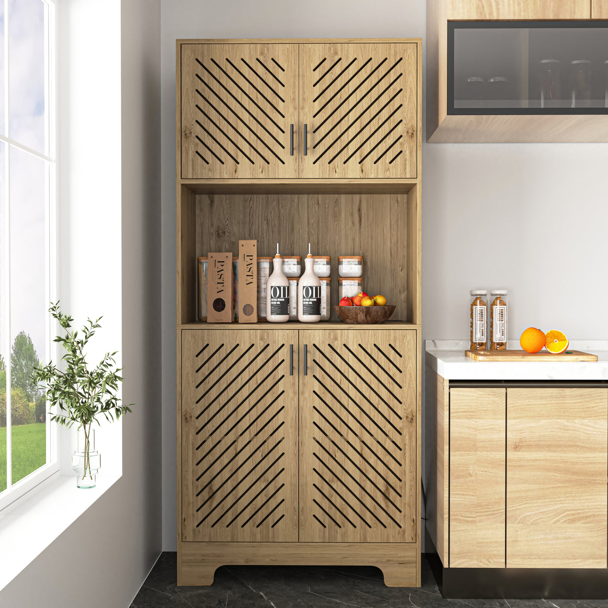 71' Tall Farmhouse Kitchen Pantry Cabinet, Kitchen Hutch Bar Cabinet with Drawers & Shelves, Large Wood Storage Cabinet with Doors & Microwave Stand, Cupboard for Dining Room