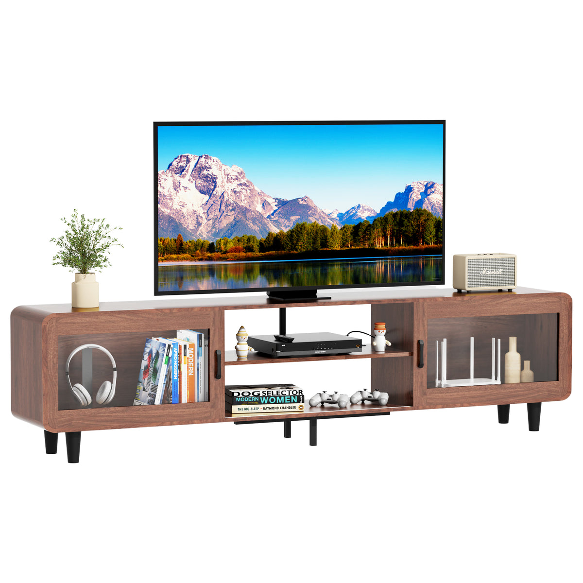Mid Century Modern TV Stand for 55/60/65/70 Inch TV, Wood Entertainment Center with Power Outlets, Media Console with Sliding Doors and Open Shelf for Living Room, Walnut