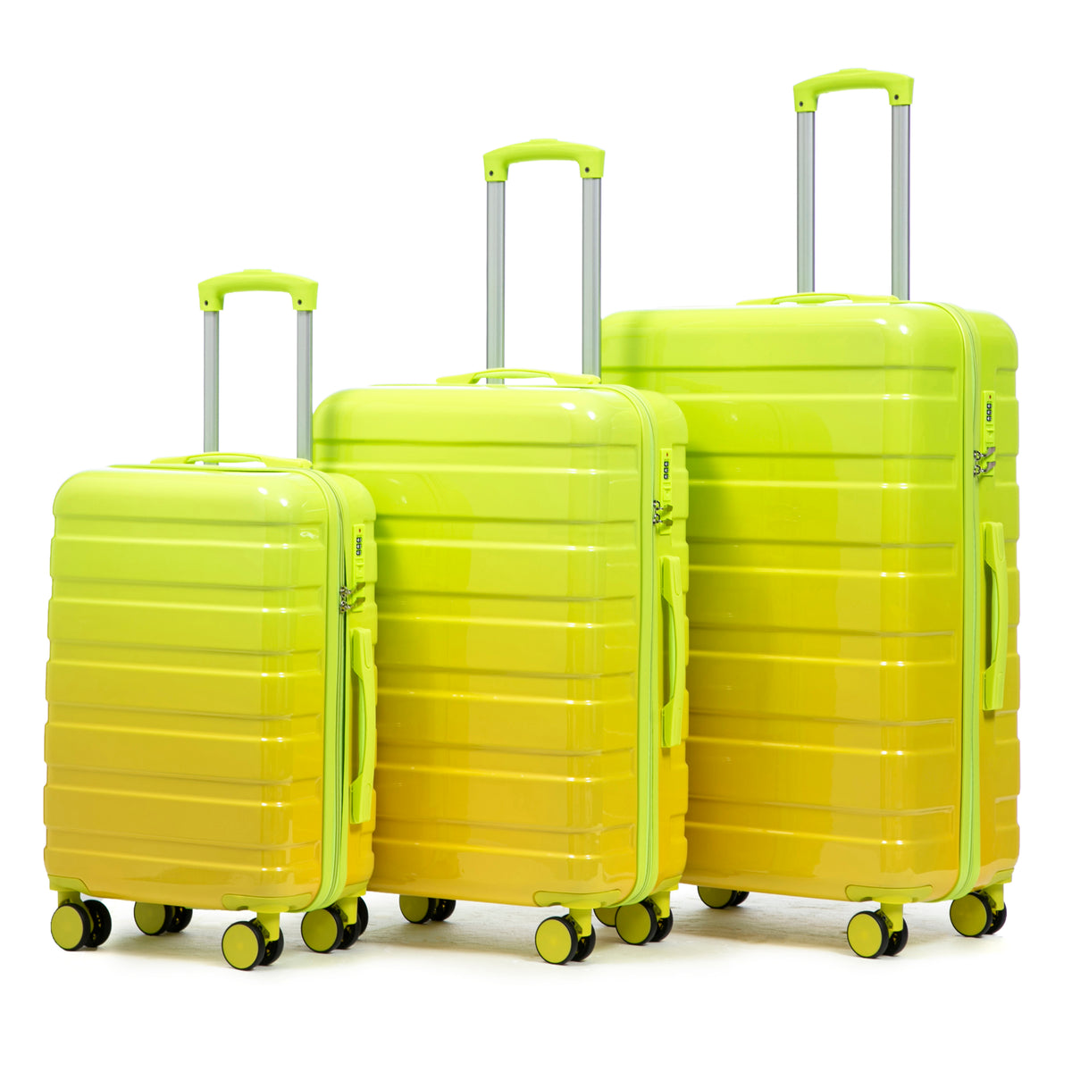 Yellow+Green Gradient PC Spinner Luggage Set 20/24/28 Inch with Combination Lock and Silent Wheels