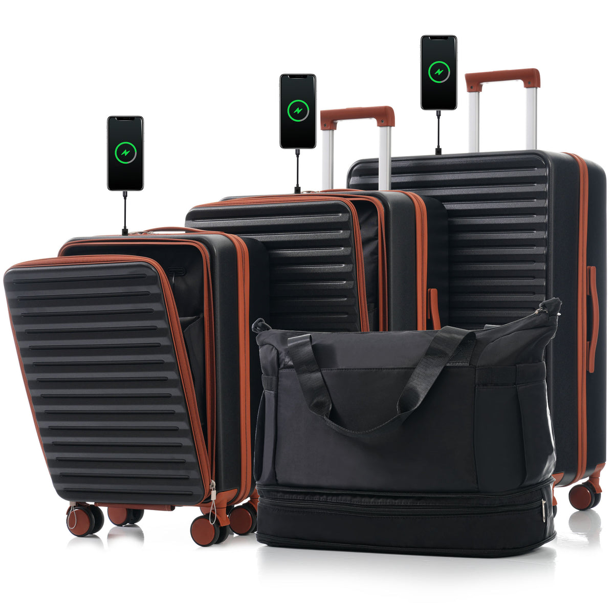luggage 4 Piece 20/24/28/Sets and a bag, 20 '24' with front pocket ,Hard Shell Luggage Carry on Luggage Set with TSA Lock 
 , usb, universal wheel,cup holder,black