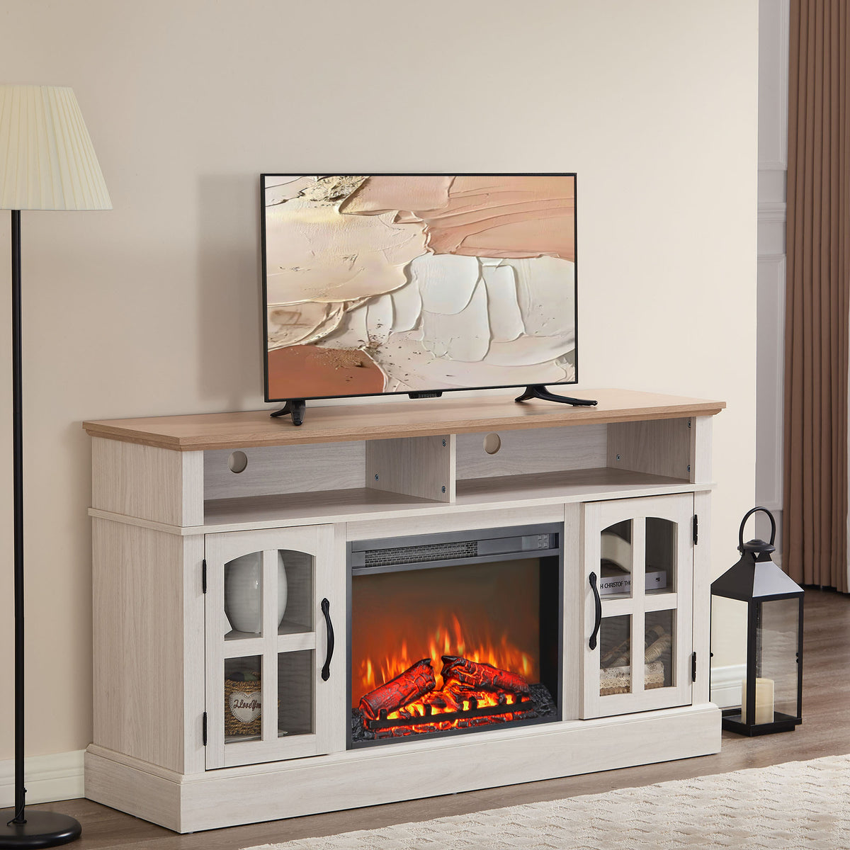 58' Fireplace TV Stand, Entertainment Center with 23' Electric Fireplace, TV Table for TVs up to 70 Inch, Media Console Cabinet with Storage and Glass Doors for Living Room
