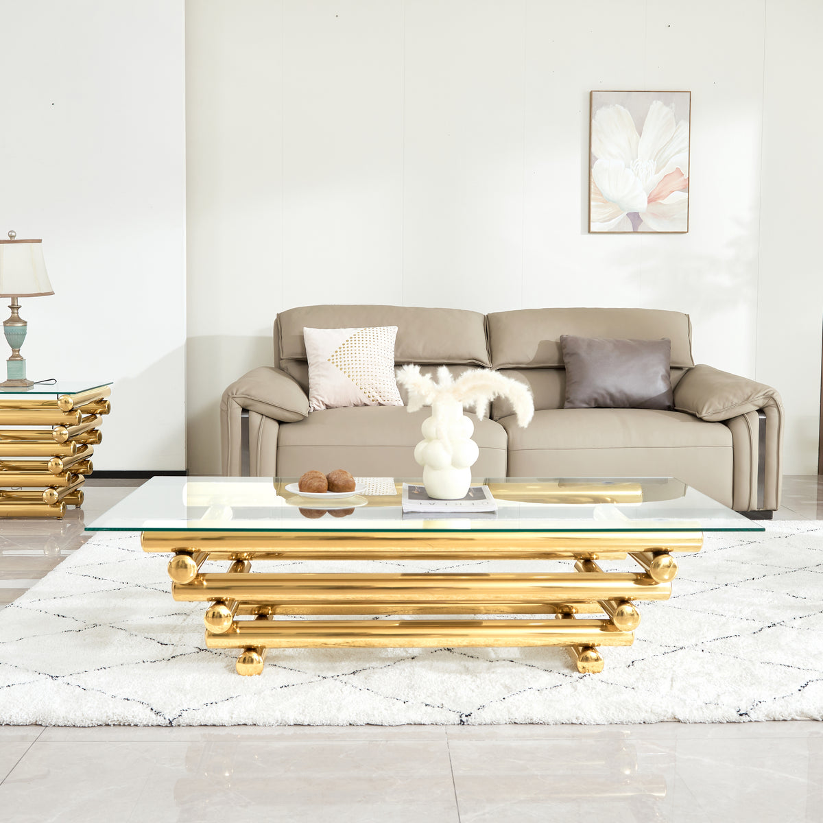 55' Rectangle Modern Stainless Steel Coffee Table, Clear Tempered Glass Table Top, Living Room Table, with Modern Style, Gold