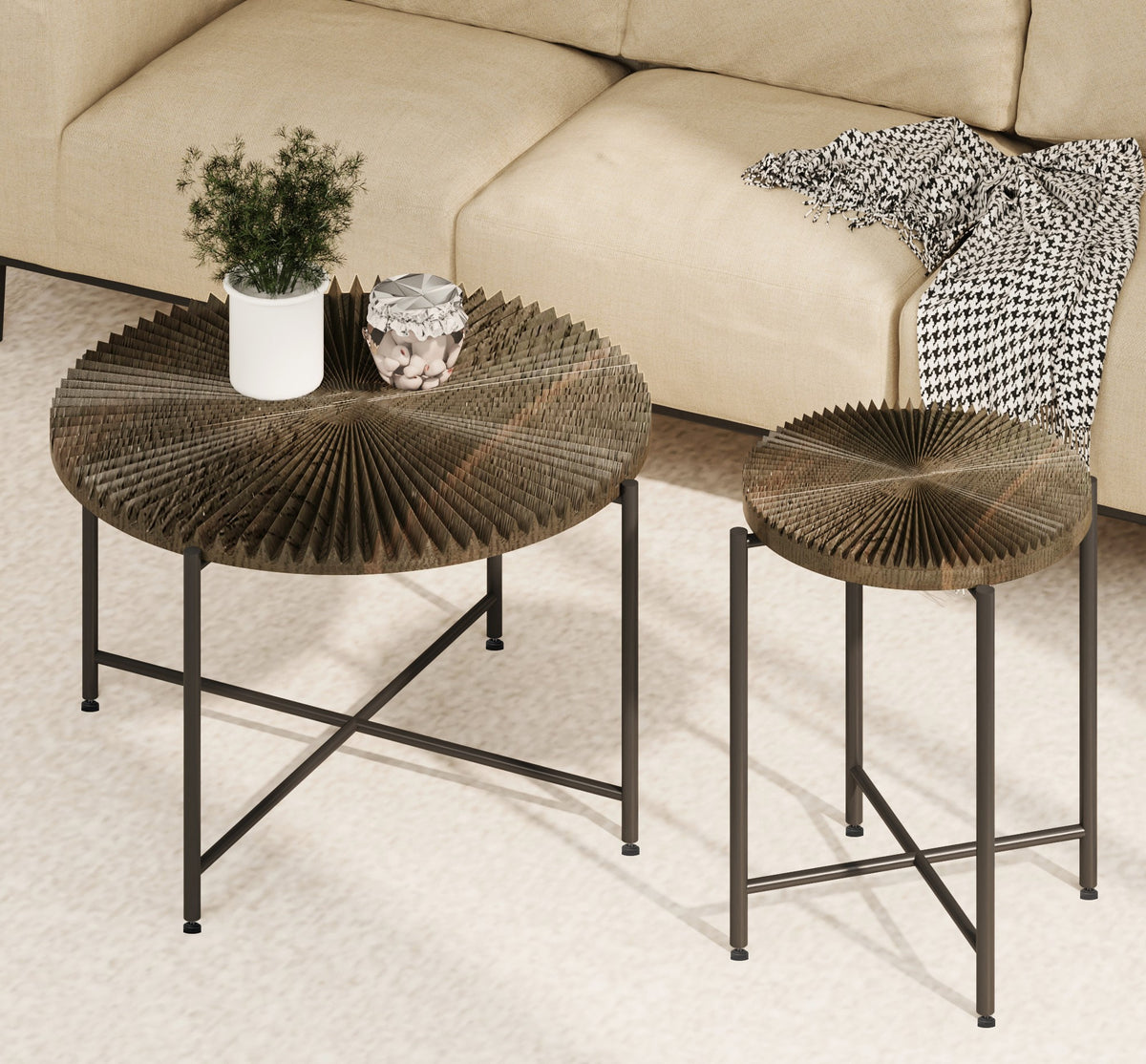 Radial Pattern 2-Piece Coffee and End Table Set – Waterproof MDF with PVC Cover, Distressed Cylindrical Design, Black Metal Legs – Classic Rustic Charm, Dark Walnut