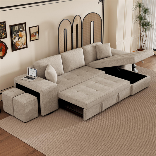 104.5' Modern L-Shape 3 Seat Reversible Sectional Couch, Pull Out Sleeper Sofa with Storage Chaise and 2 Stools for Living Room Furniture Set, Cream