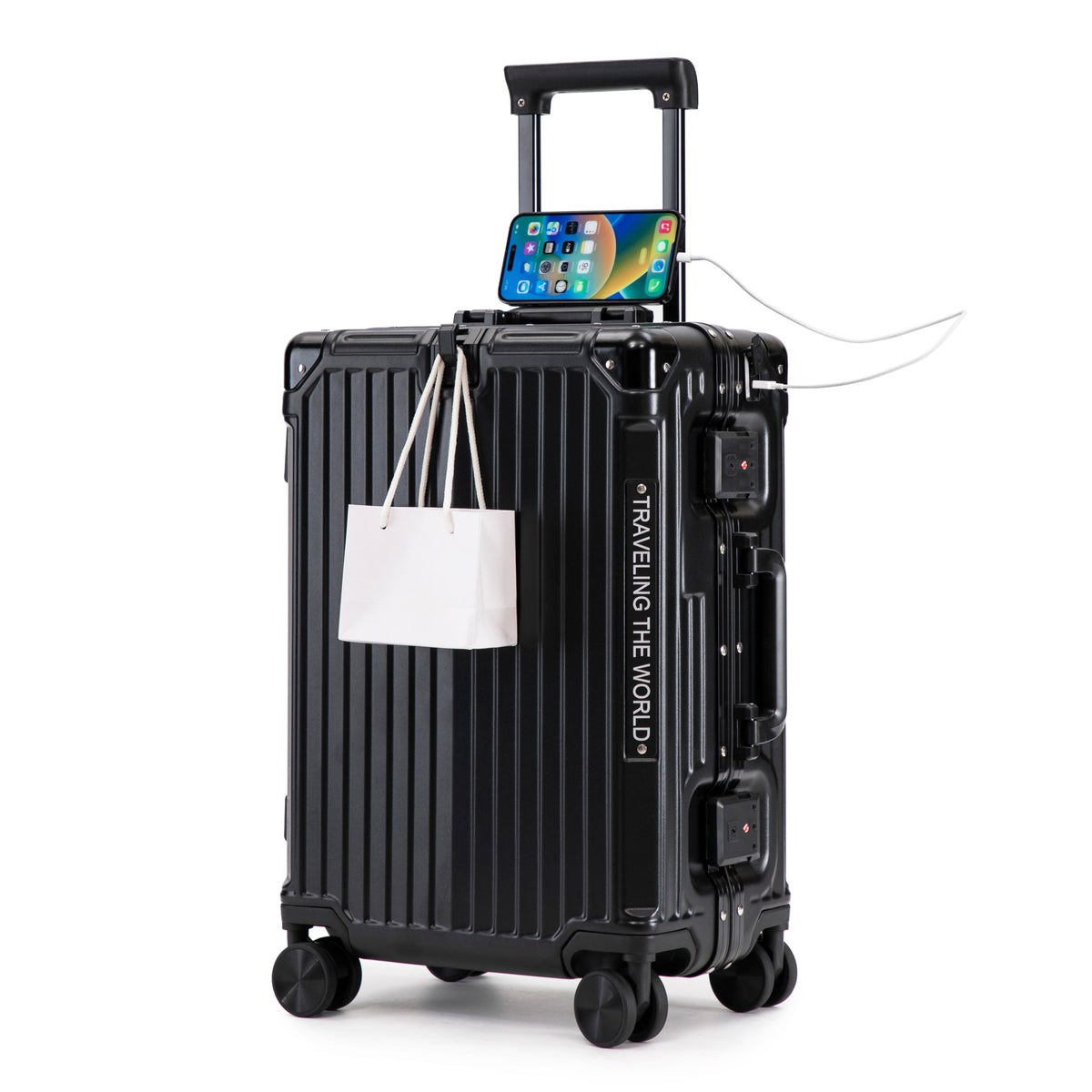20 Inch Carry On Luggage, Aluminum Frame ABS Hard Shell Suitcase with USB Charging Port, Foldable Cup Holder, Hooks & Slow Rebound Handle, 360° Spinner Wheels Travel Trolley (Black)
