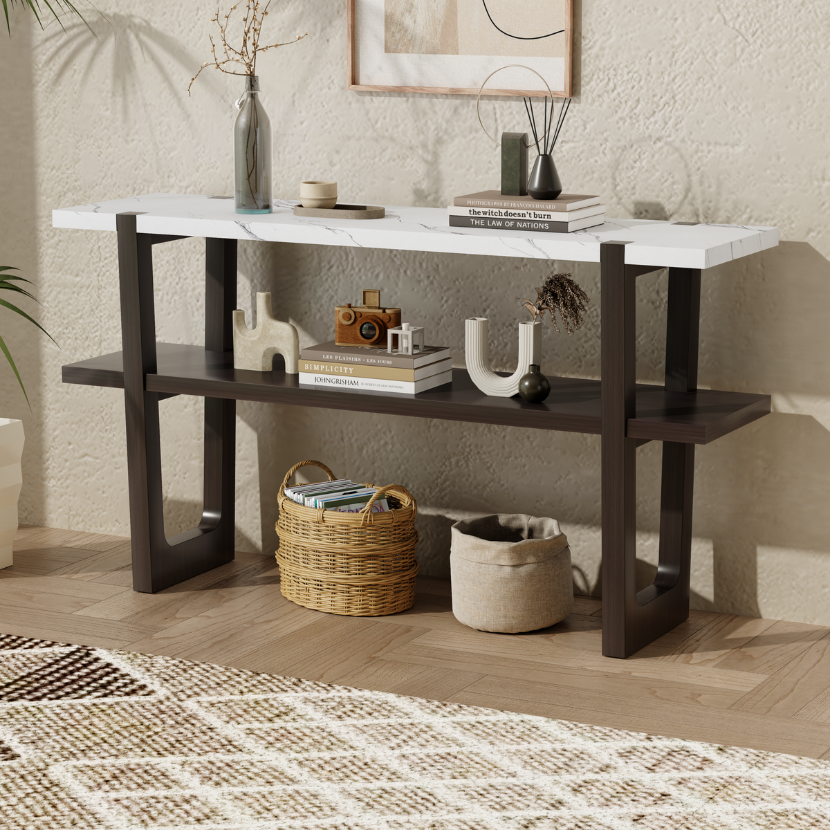 TREXM Narrow Console Table with Marble-Effect Top, Retro Entryway Table with Open Shelf, Sofa Table for Entryway, Hallway and Living Room (Espresso)