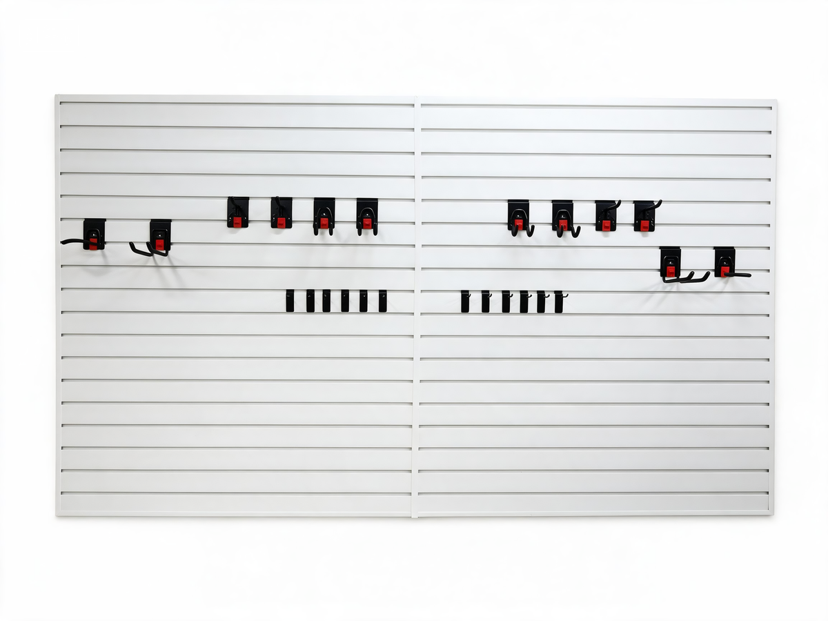 PVC Slatwall Panel Kit, 4x8ft Garage Wall Storage System with Safety-Lock Hooks, Lightweight Water-Resistant Panels, Hidden Screw Design, 24 Hooks Set, White
