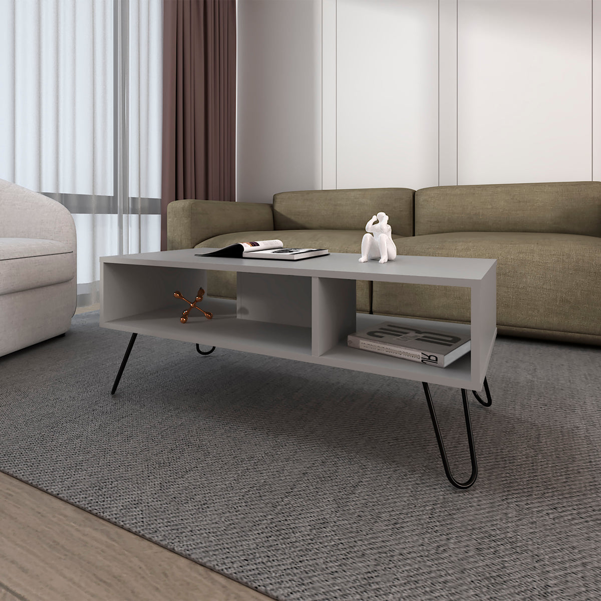 Bagdad Coffe table in Melamine, Hairpin Legs, Smoke