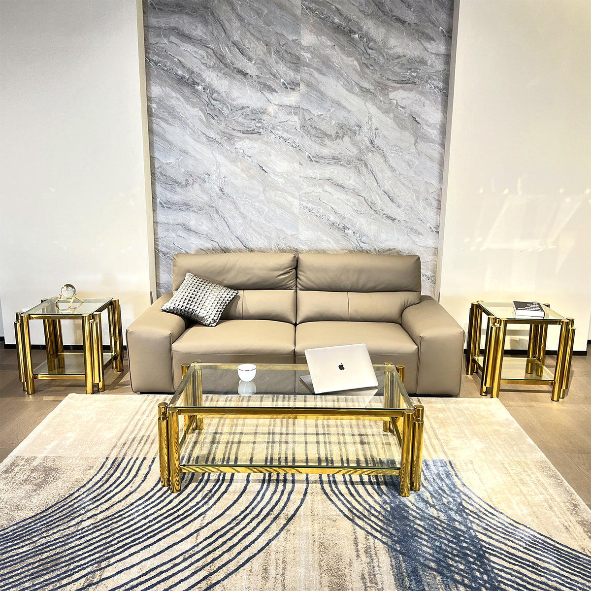 Modern Stainless Steel Coffee Table Set (Set of 3), Double-Layer Clear Tempered Glass Table Top, Coffee Table & Two End Side Table 3-Pieces Sets for Living Room Home Office, Gold