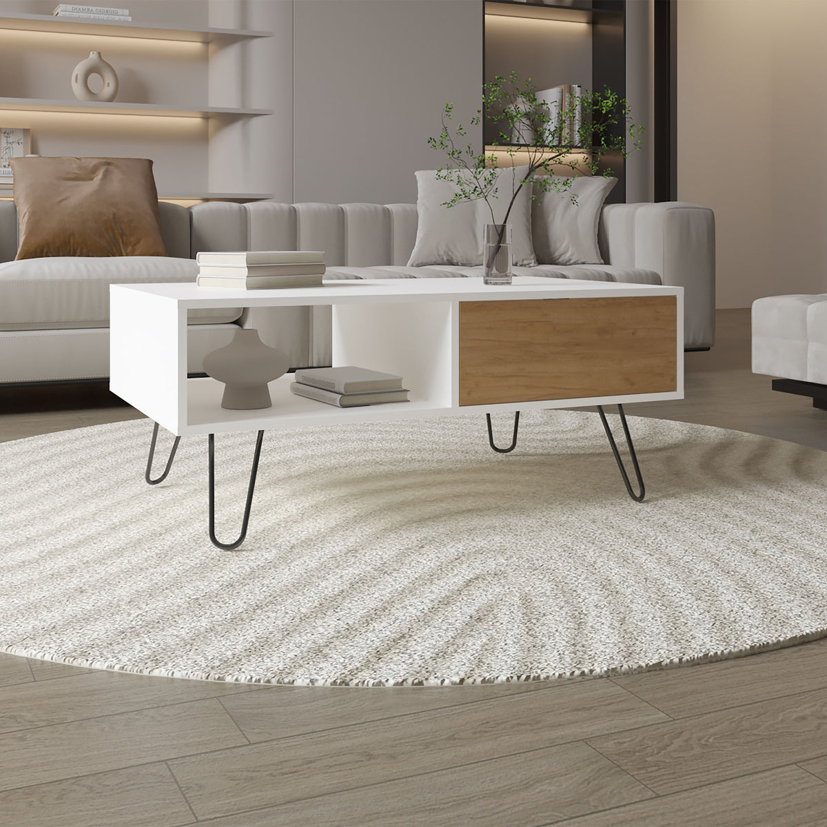 Tori 39' Wide Coffee Table with One Drawer, One Shelf, Rectangular, Living Room White - NAtural Oak