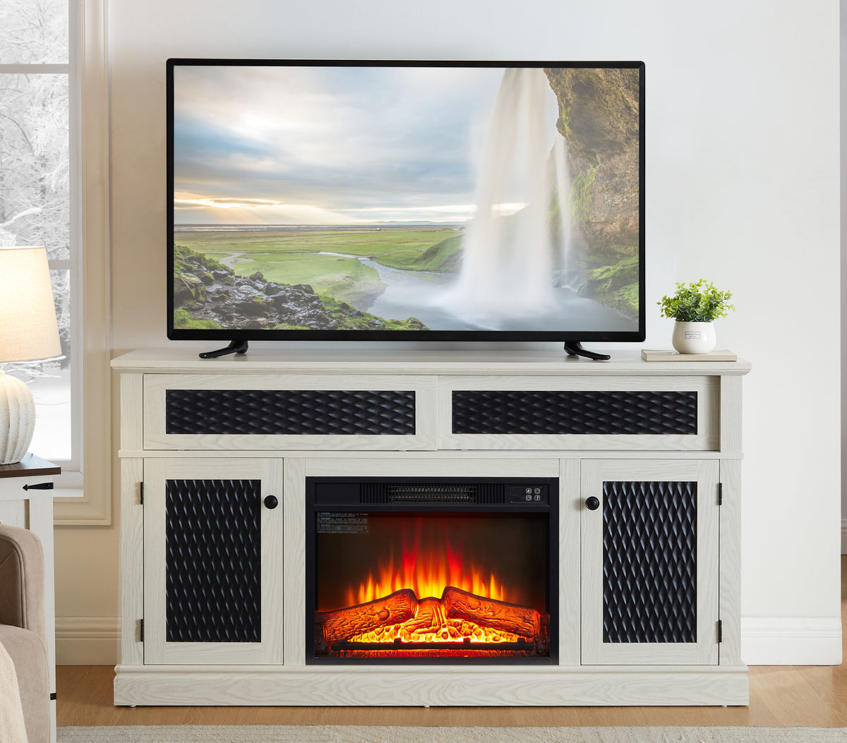 Embossed Pattern TV Stand with 23' fireplace insert,, TV and Media Console with Open and Closed Storage Space and sliding door for Living Room & Bedroom,White, 58.27'W*15.35'W*31.7H
