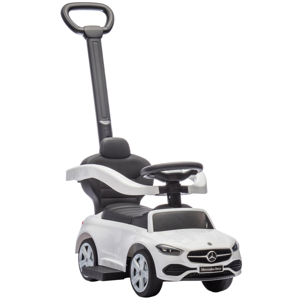 Qaba Mercedes-Benz C-Class Licensed 2-in-1 Ride-On Push Car, Baby Stroller Walking Car with Parent Control Handle, Safety Guardrail, Horn, Under Seat Storage, Kids Foot-to-Floor Toy, 18-36 M, White