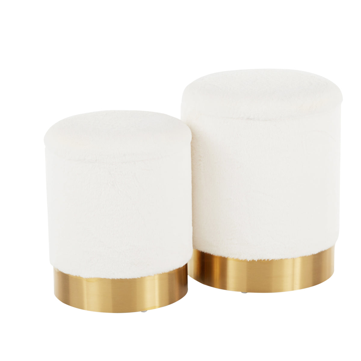 Marla Contemporary Nesting Ottoman Set in Gold Metal and Cream Plush Fabric by LumiSource