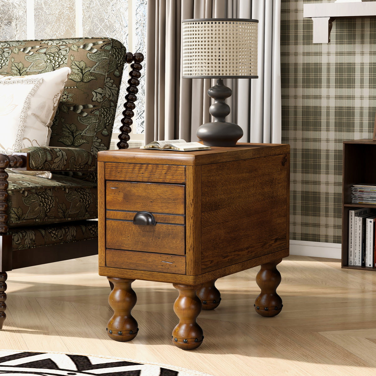 Solid Wood End Table, Rectangle 23.6 inch Narrow Side Table with Drawer, Vintage Bedside Table Nightstand for Small Spaces, Living Room, Bedroom, Easy Assembly, Antique Brown