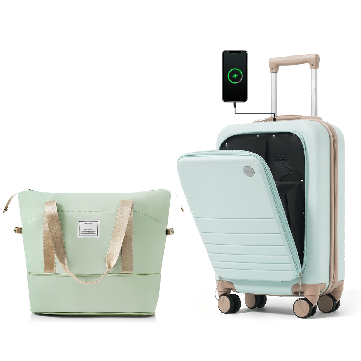 Front Opening 20-Inch Carry-On Luggage with Expandable Travel Bag Set, ABS Hard Shell Two-piece suitcase set with USB Port , Cup Holder, grey green