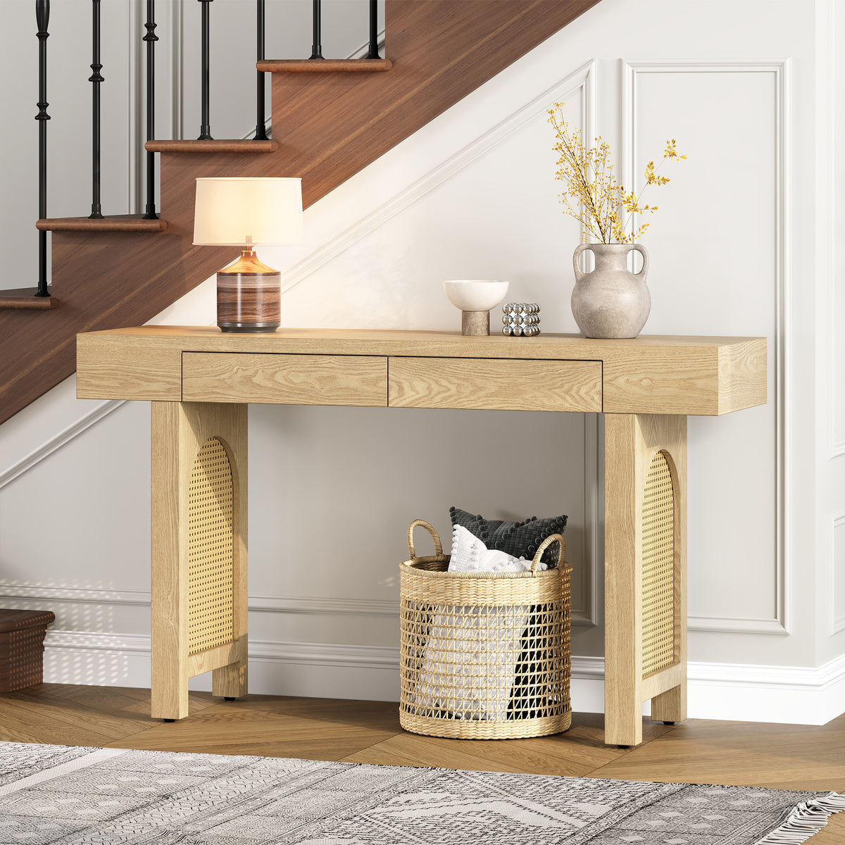 TREXM Narrow Console Table with Rattan Accent, Natural Wood Finish Entryway Table with Storage Drawers, Stylish Rustic Sofa Table for Living Room and Hallway (Natural)