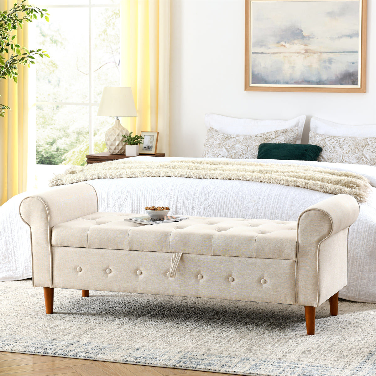 62' Bedroom Tufted Button Storage Bench, Modern Fabric Upholstered Ottoman, Window Bench, Rolled Arm Design for Bedroom, Living Room, Foyer (Beige)