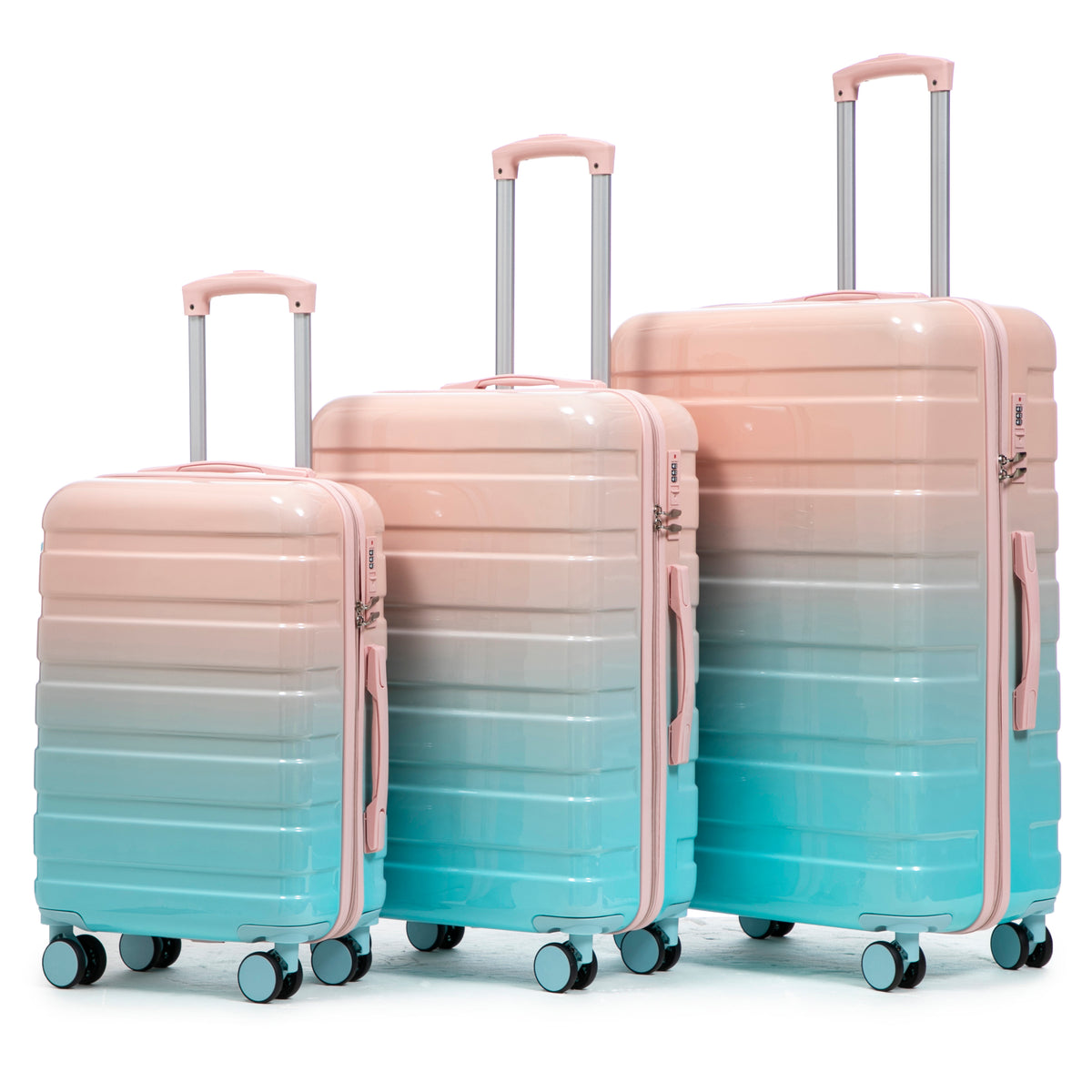 Blue+Pink Gradient PC Spinner Luggage Set 20'/24'/28', 3-Piece Travel Suitcase with Combination Lock and Silent Wheels