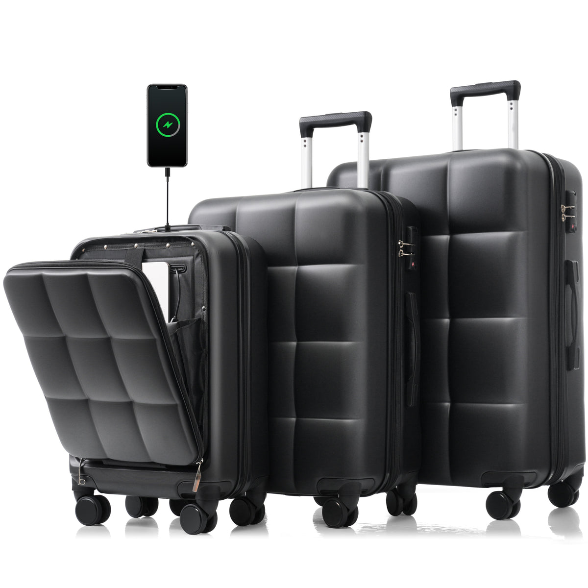 Luggage Sets 3 Piece, 20-inch with USB Port and front opening design,  ABS Hard Shell Luggage with Spinner Wheels, Cup Holder, black and brown