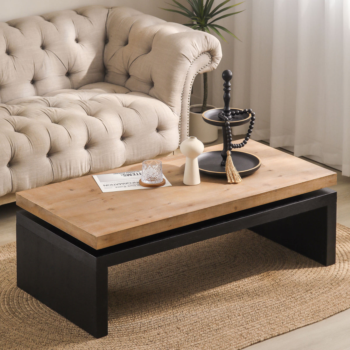 Black and Natural Wood Living Room Table Versatile Coffee Table 2-Tiered Wood Tabletop Table 47.6' L * 23.6' W * 16.3' H