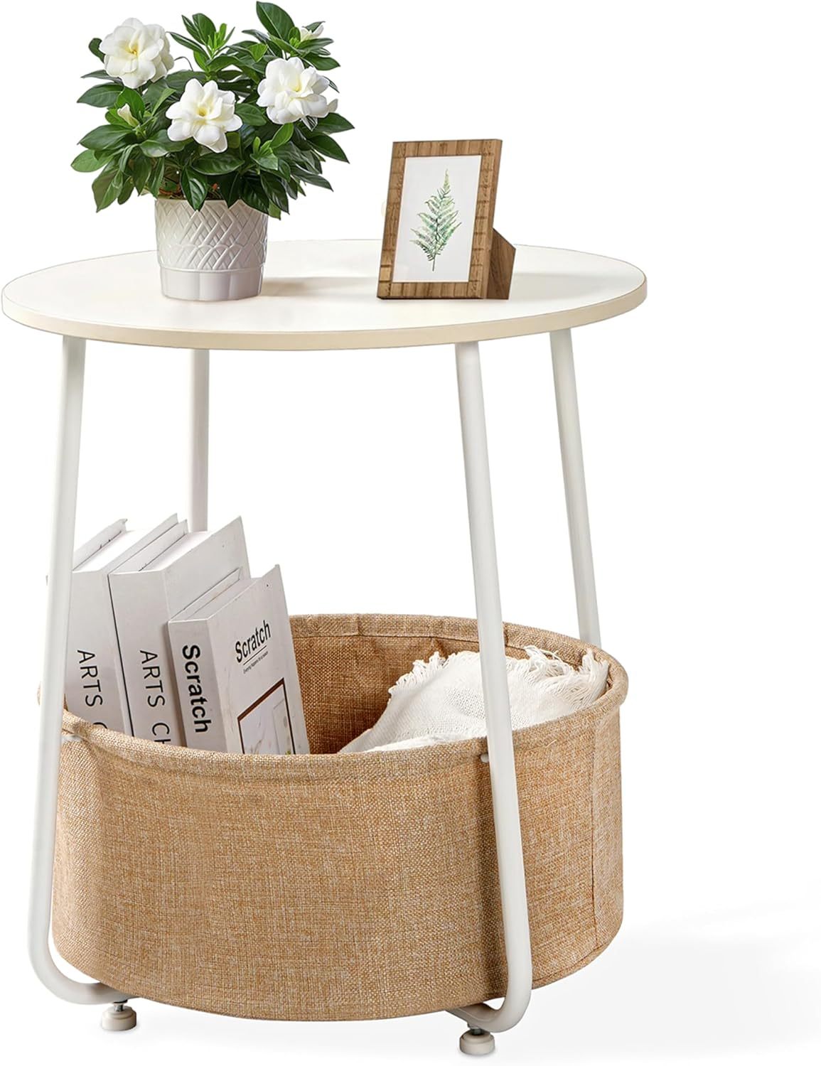 Round Side Table, End Tables for Living Room, Small Bed Side Table, Modern White Night Stand for Bedside, Nursery, Bedroom with Cloth Storage Basket