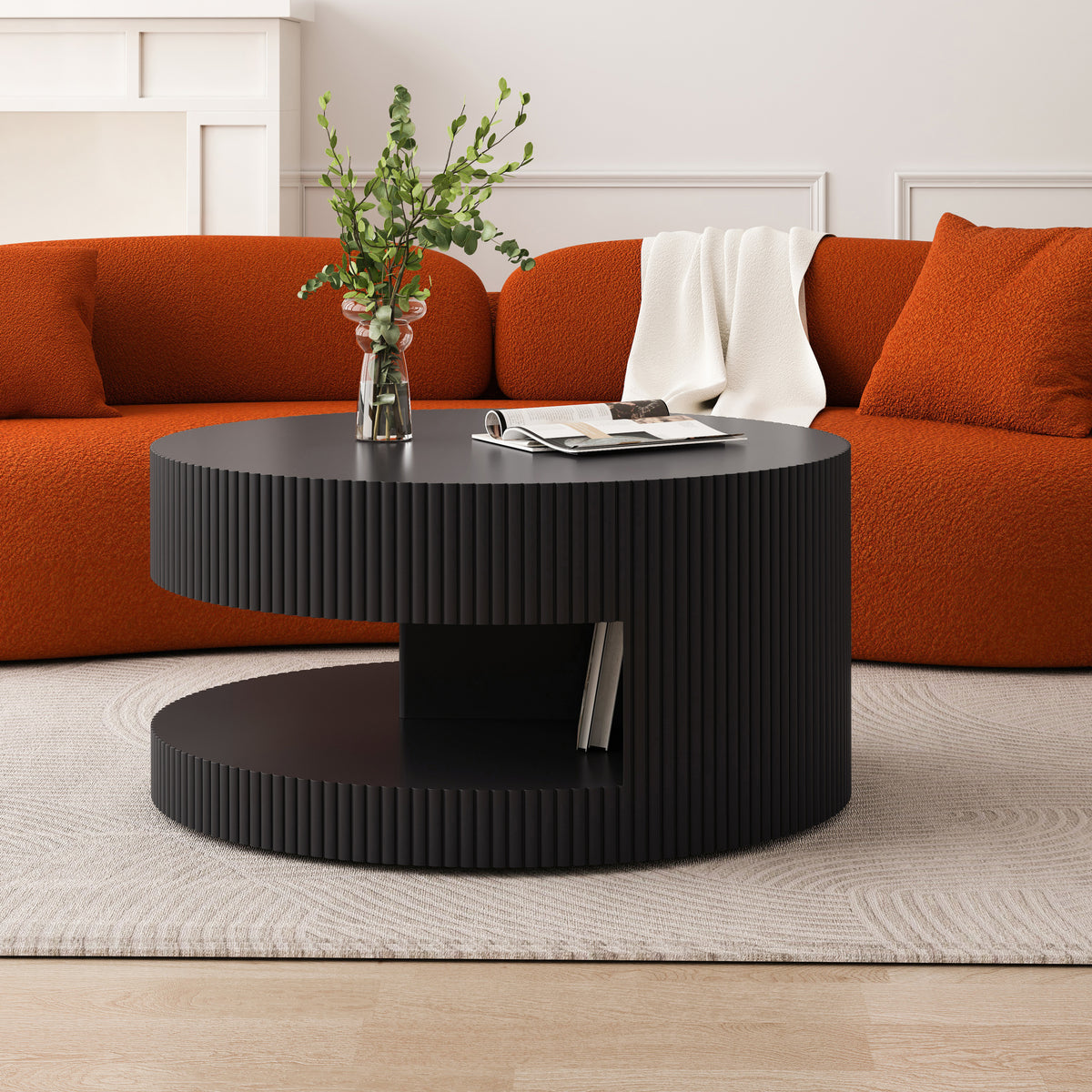 31.5'' Round Coffee Table,Modern Center Table with Storage,Vertical Stripe Design Coffee Table for Living Room,Bedroom(Black)