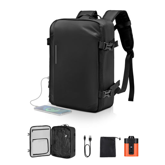 Vacuum Travel Backpack, 35L, Vacuum Seal Compression Travel Backpack with Air Pump, Multiple Pockets & Compartments, Water-Resistant Carry-On Suitcase Luggage, Casual Personal Item Bag, Black