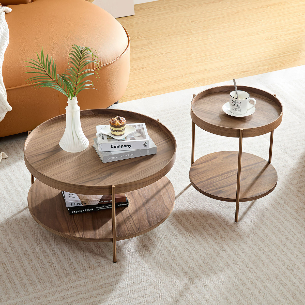 2-Piece Modern 2 tier Round Coffee Table Set for Living Room,Easy Assembly Nesting Coffee Tables, End Side Tables for Bedroom Office Balcony Yard,Walnut MDF