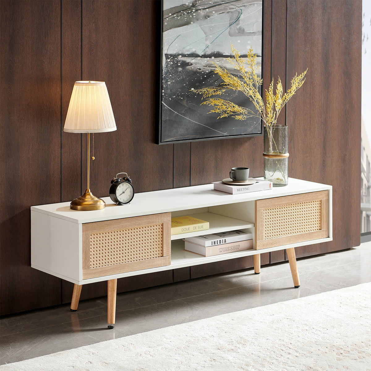 55.12' Rattan TV cabinet, double sliding doors for storage,  adjustable shelf, solid wood legs, TV console for living room , White