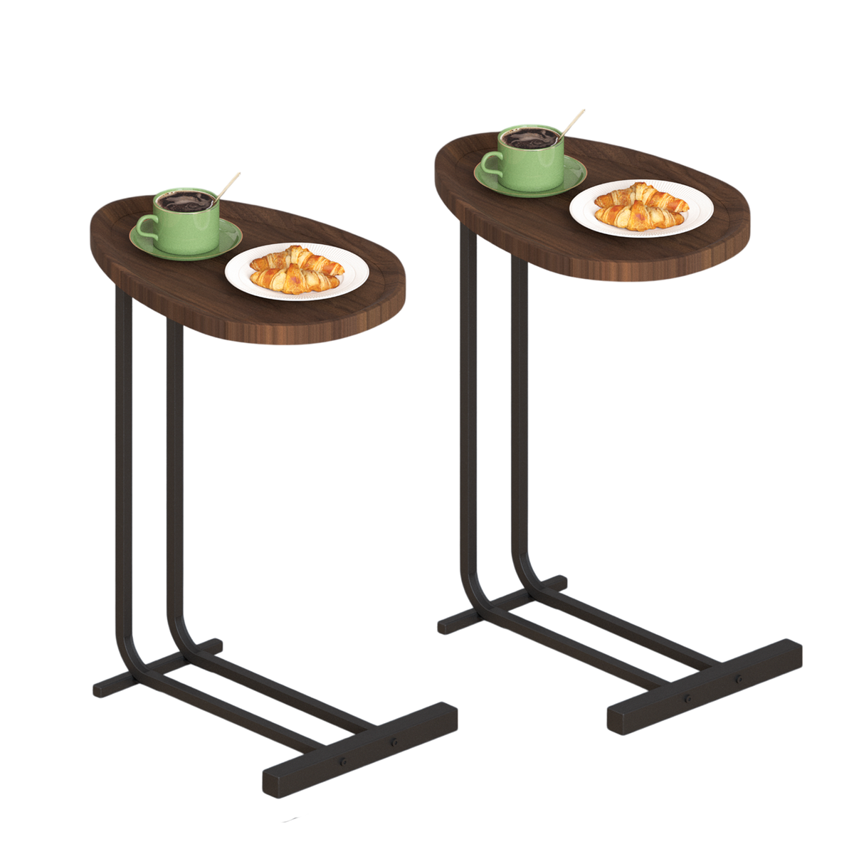 2-pieces C-Shaped Side Table, C Table End Table for Sofa and Bedside, Couch Side Tables, Wood C-Shaped End Table with Metal Frame Slide for Bedroom Living Room (Brown)