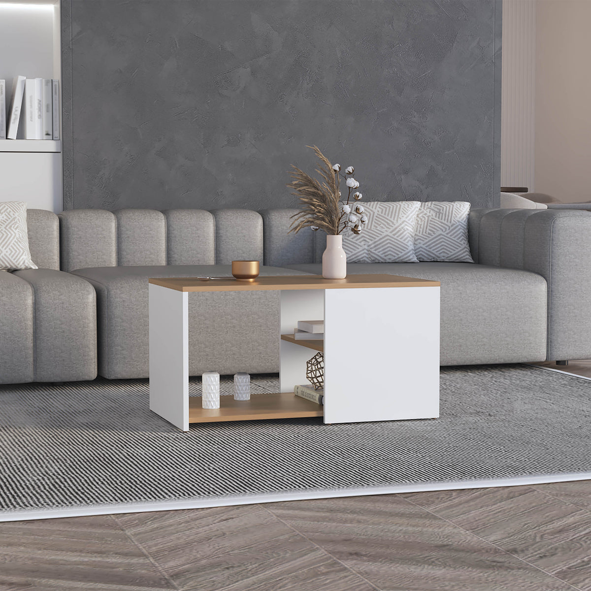 Adele 31' Wide Coffee Table with Three Shelves White - Natural Oak