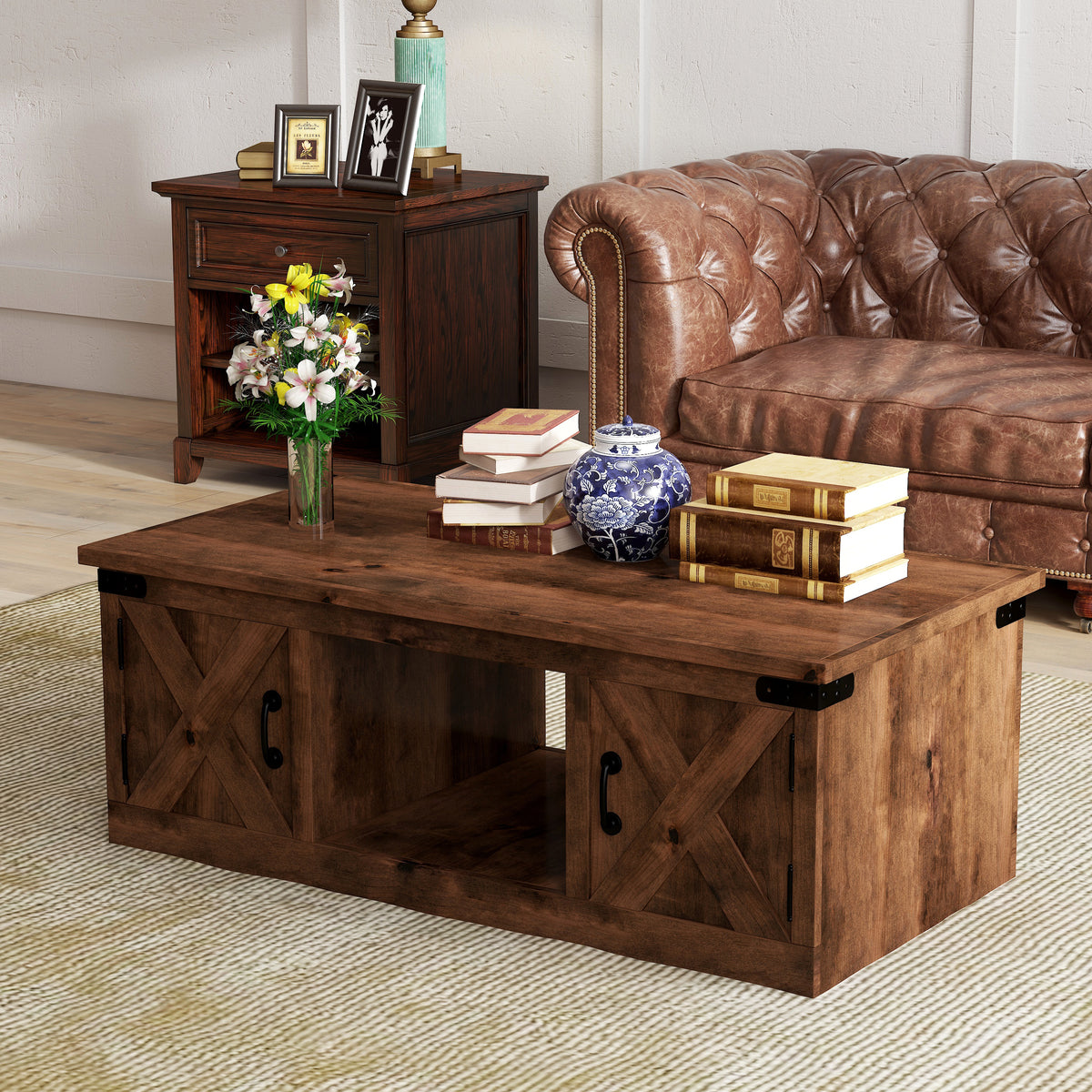 48 inch Coffee Table, No Assembly Required, Aged Whiskey Finish